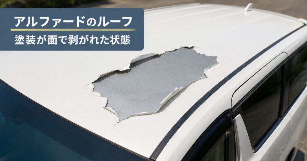 アルファードのルーフで塗装剥がれが面状に広がり下地が露出した状態