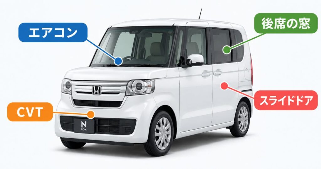 N-BOXで不具合が出やすいCVト・エアコン・後席の窓・スライドドアの位置を示した図