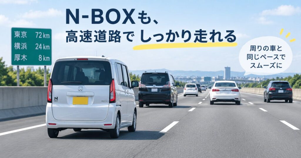 高速道路の走行車線を周囲の車と同じペースで走るN-BOX