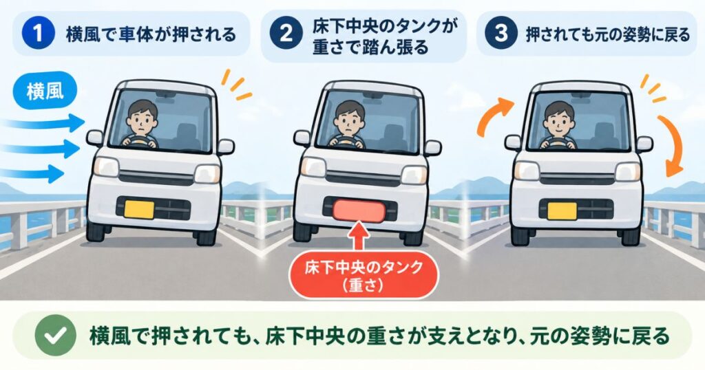 横風を受けた軽自動車が床下中央の重さで姿勢を戻す仕組みの図解