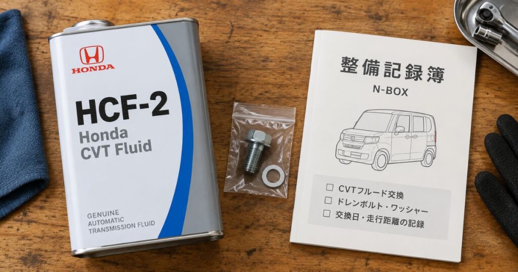 N-BOXのCVTフルード交換に使う純正フルードと整備記録簿を並べた様子