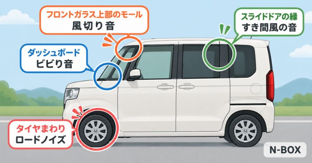 高速走行中に音が出やすい4カ所を示したN-BOXの側面図