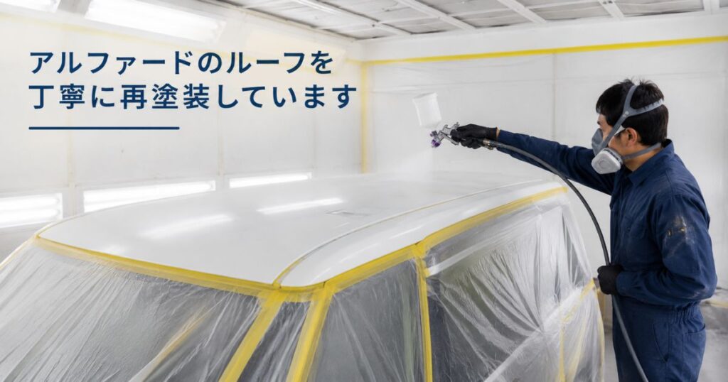 板金塗装店でアルファードのルーフを再塗装している作業風景