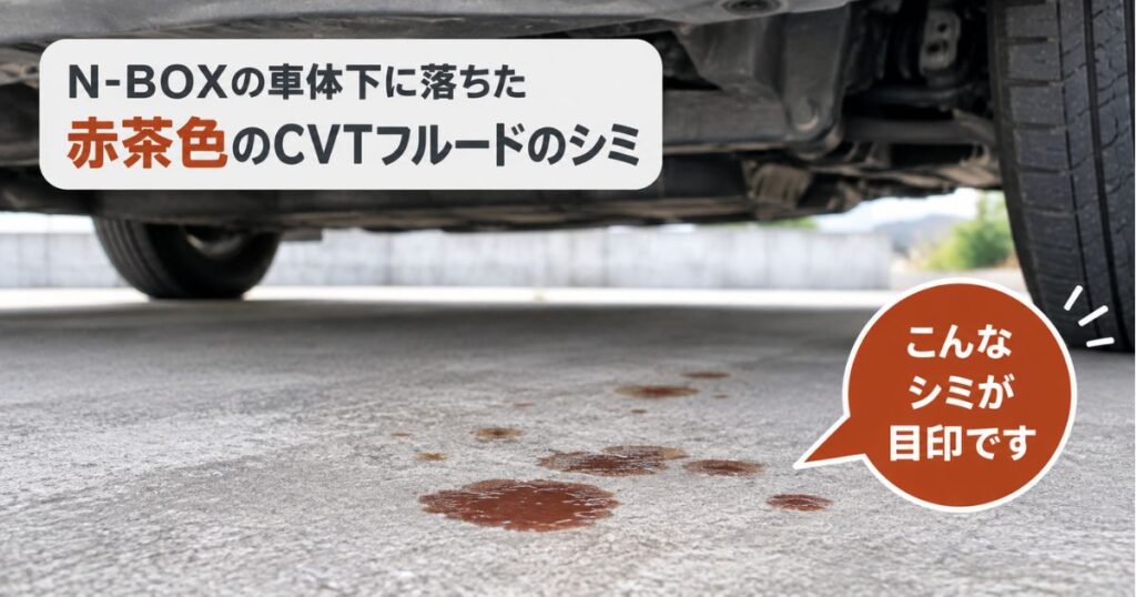 N-BOXの車体下に落ちた赤茶色のCVTフルードのシミ