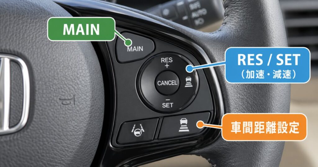 N-BOXのステアリング右側にあるACCと車間距離設定のスイッチ